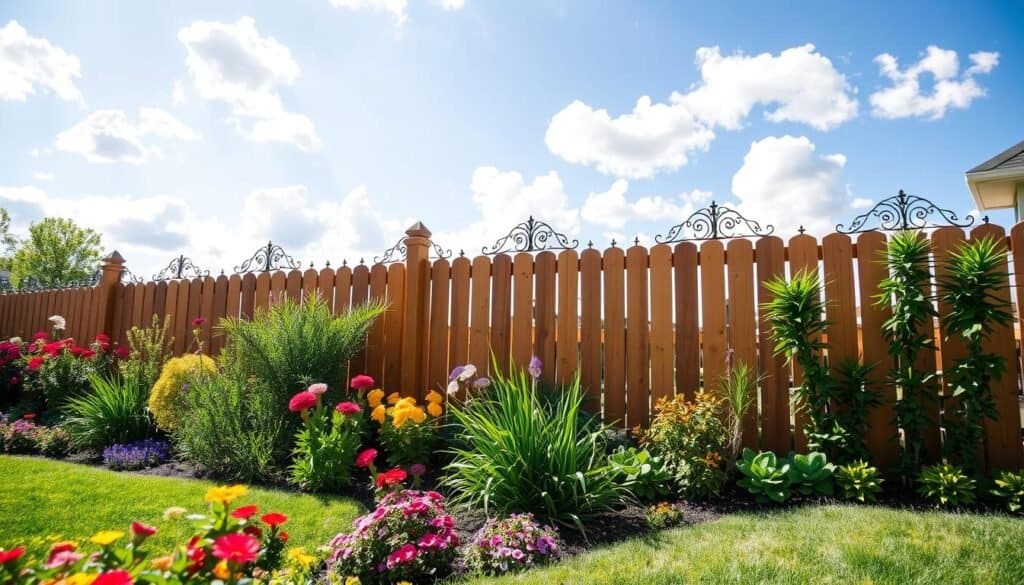 A beautifully enhanced backyard featuring a decorative garden fence panel that adds curb appeal. In the foreground, a well-manicured garden showcases colorful flowers and lush greenery, complementing the wooden fence adorned with artistic decorative toppers, creating a stunning visual effect. The middle-ground includes the fence, painted in a warm tone, highlighting its intricate designs and craftsmanship. In the background, a softly lit blue sky and scattered fluffy clouds create an inviting atmosphere. The scene is bathed in bright, natural sunlight, casting gentle shadows and enhancing the vibrancy of colors. The overall mood is cheerful and refreshing, embodying a perfect DIY project for enhancing outdoor spaces. The viewpoint captures the scene from an inviting angle, focusing on the fence and garden, with a sense of depth and perspective.