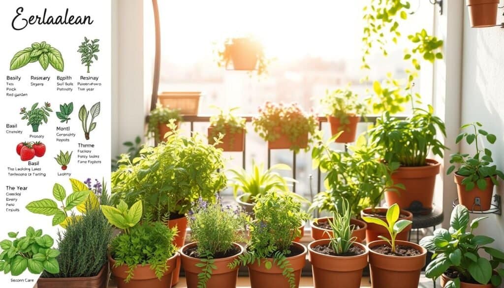A beautifully illustrated herb garden chart designed for a patio planter, showcasing a diverse array of herbs like basil, rosemary, thyme, and mint arranged in a detailed layout. In the foreground, vibrant sketches of each herb are labeled with seasonal care tips, emphasizing growth habits and maintenance throughout the year. The middle section features a lush, well-kept balcony garden, filled with soil pots and hanging planters, bathed in bright, natural light that creates an inviting atmosphere. In the background, a soft-focus view of a sunny urban balcony adds charm, with plants cascading over the edges. The overall mood is warm, encouraging, and informative, perfect for gardeners looking to flourish their herb garden.