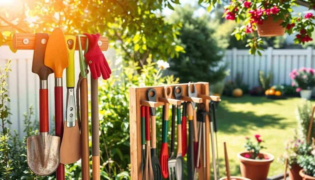 A beautifully organized garden tool rack prominently displayed in a bright, airy backyard setting. In the foreground, colorful gardening tools like trowels, pruners, and gloves are neatly hung on rustic wooden pegs, all bathed in soft, natural sunlight. The middle of the scene features a sturdy wooden rack, designed for efficiency, showcasing various tools aligned orderly, reflecting a commitment to organization and maintenance. In the background, lush green plants, vibrant flowers, and a well-maintained lawn create a serene outdoor atmosphere. Sunlight filters through leaves, casting gentle shadows, enhancing the inviting mood. Capture this scene from a slightly angled perspective to emphasize depth, with a warm color palette evoking a feeling of inspiration and creativity.