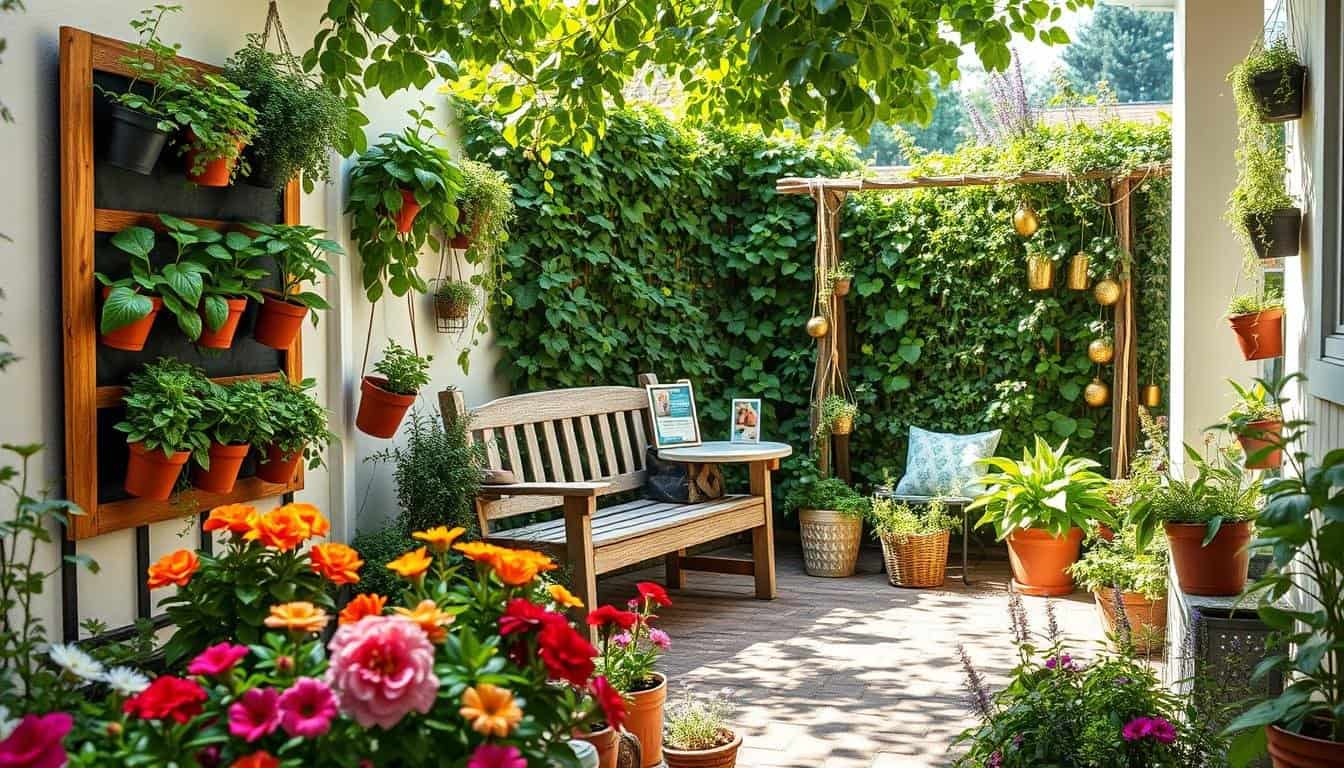 A beautifully organized small garden space displayed in a bright, airy environment. In the foreground, vibrant flowers in planters and vertical gardening structures filled with herbs and leafy greens. The middle ground features a compact seating area with a rustic wooden bench and a small table adorned with gardening tools and seed packets. The background showcases a charming trellis with climbing plants and a lush green wall for privacy, under soft sunlight filtering through leaves. The scene encapsulates tranquility and creativity, inviting viewers to imagine their own garden planning possibilities. The overall atmosphere is warm and inviting, perfect for inspiring small space gardening enthusiasts.