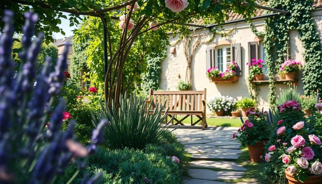 A charming French cottage garden featuring a quaint stone pathway winding through lush greenery and colorful flower beds. In the foreground, delicate lavender and vibrant roses in full bloom add rich hues, while quaint clay pots overflow with herbs like thyme and basil. The middle ground showcases a rustic wooden bench nestled beneath a blooming trellis, dappled sunlight filtering through leaves creating a warm glow. In the background, the soft silhouette of a traditional French cottage with climbing vines and window boxes filled with petunias conveys a serene atmosphere. The scene is bathed in bright natural light, capturing the essence of a sunny day. A soft focus lens effect enhances the cozy, inviting feel of this picturesque garden retreat.