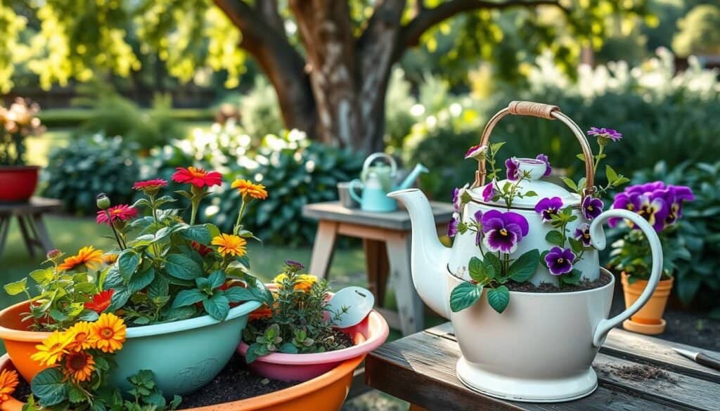 A charming outdoor scene featuring a variety of DIY container gardens using kitchen treasures. In the foreground, a vibrant garden bed made from brightly colored vintage colanders overflowing with herbs and blooming flowers, such as basil, mint, and marigolds. Beside it, a classic teapot, painted in pastel colors, serves as a unique planter filled with cheerful pansies. In the middle ground, a rustic wooden table displays gardening tools and a small watering can, enhancing the homely vibe. The soft morning sunlight filters through nearby trees, casting gentle shadows and illuminating the lively colors. In the background, a lush green garden completes the setting, creating an inviting and serene atmosphere. The angle captures depth and texture, emphasizing the creativity and charm of container gardening.