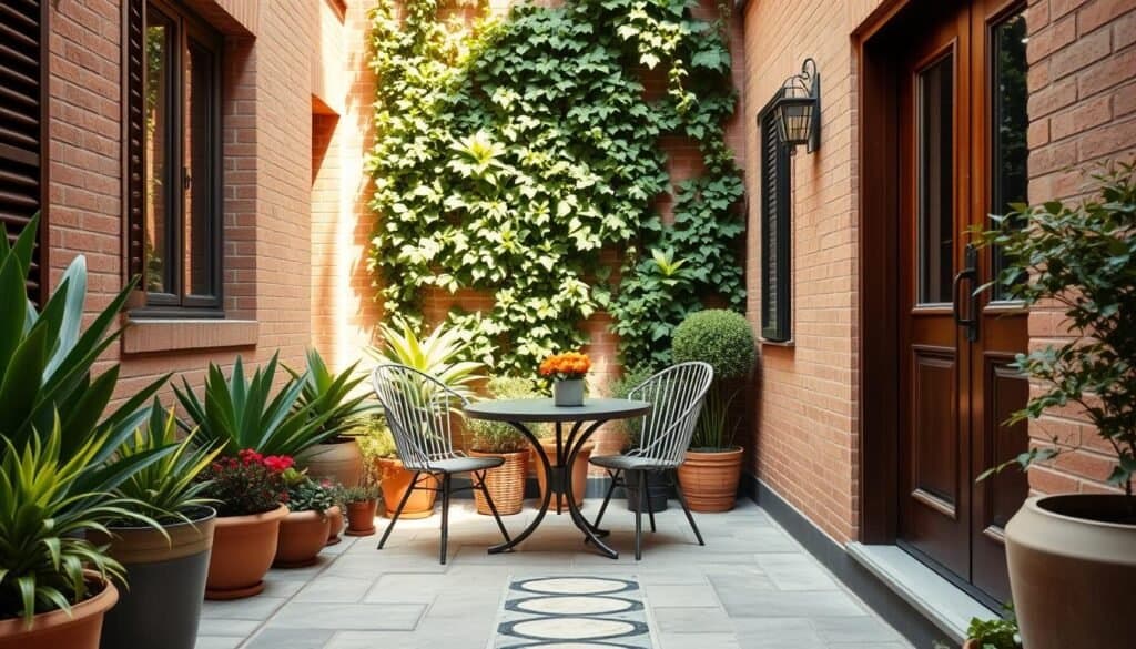 A charming small courtyard design nestled between two narrow townhouse walls, featuring a harmonious blend of greenery and stylish wooden elements. In the foreground, a small round table with two elegant chairs surrounded by potted plants in vibrant hues. The middle ground displays a lush vertical garden on one wall, cascading greenery creating a refreshing vibe, with sunlight filtering through the leaves, casting soft shadows. A decorative stone pathway leads through the space, accentuating the cozy environment. In the background, soft, warm sunlight bathes the scene, enhancing the inviting, serene atmosphere. Capture this scene from a slightly elevated angle to emphasize the compact layout and maximize the feeling of openness in the space, showcasing the clever use of every inch in a narrow courtyard.
