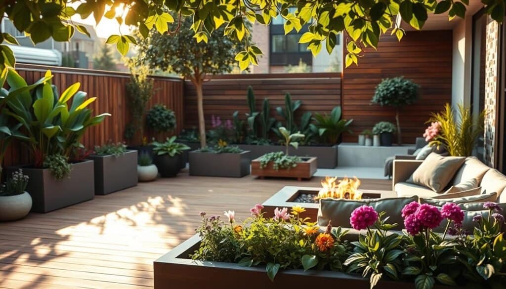 A contemporary urban backyard featuring a chic outdoor lounge area with sleek, modern furniture in soft, natural colors. In the foreground, a minimalist wooden deck with a stylish fire pit surrounded by comfortable seating. The middle ground showcases vibrant planters filled with a variety of lush greenery and colorful flowers, creating a lively atmosphere. A small vegetable garden adds an element of sustainability. In the background, a sleek wooden fence and a mosaic-patterned wall enhance the urban feel. The scene is illuminated by soft, warm sunlight filtering through the leaves, casting gentle shadows. The mood is relaxing and inviting, ideal for urban dwellers seeking a tranquil escape in their own backyard. The composition is shot from a slightly elevated angle, providing a comprehensive view of this modern oasis.