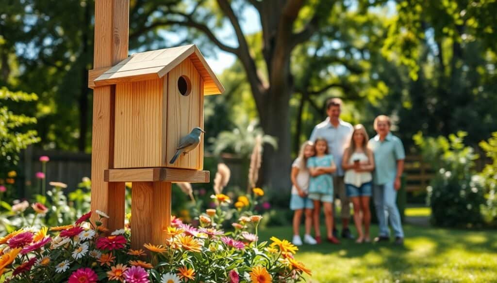 A cozy backyard scene featuring a beautifully crafted birdhouse made of natural wood, nestled on a sturdy post in a vibrant garden. In the foreground, colorful flowers bloom around the base of the post, inviting birds to visit. In the middle ground, a cheerful family, dressed in casual, light-colored clothing, is seen happily observing the birds as they explore the new birdhouse. In the background, tall trees create a lush canopy, and soft sunlight filters through the leaves, casting gentle shadows on the ground. The atmosphere is warm and inviting, conveying a sense of tranquility and connection with nature, perfect for encouraging wildlife in the garden. The image should capture the essence of a bird-friendly environment, emphasizing joy and simplicity.