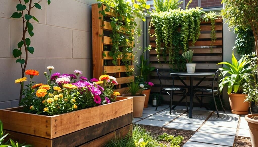 A cozy corner of a small urban garden featuring innovative planter ideas for limited spaces. In the foreground, a beautifully crafted wooden planter box brimming with colorful flowers, arranged artistically to draw the eye. The middle ground showcases a vertical garden made from repurposed wooden palettes, adorned with lush plants cascading down. In the background, a small bistro table with a couple of chairs adds an inviting touch, surrounded by greenery. The scene is bathed in bright natural light, with soft sunlight filtering through leaves, creating a warm and airy atmosphere. The composition emphasizes a touch of modern creativity in home gardening, ideal for urban dwellers seeking to enhance their small spaces. Capture this from a slightly elevated angle to encompass all elements harmoniously.