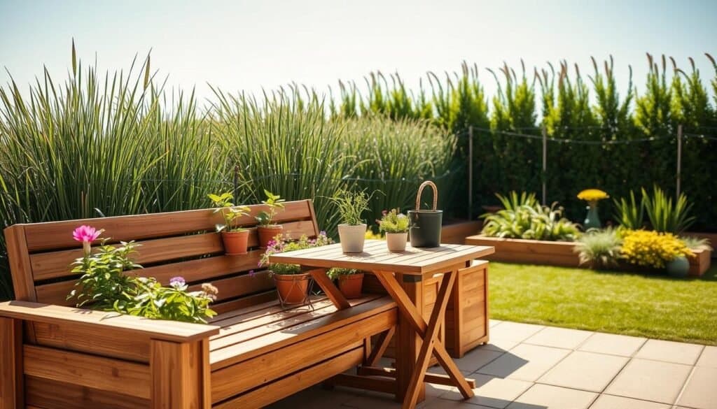 A cozy garden patio featuring multi-functional furniture seamlessly integrated with planters. The foreground showcases a stylish wooden bench with built-in planters brimming with lush greenery and blooming flowers. In the middle, a compact folding table complements the bench, adorned with potted herbs and outdoor-friendly materials. The background includes a well-maintained garden area, with a mix of tall grass and colorful shrubs, under a clear blue sky. The scene is illuminated by soft, natural sunlight, creating a warm and inviting atmosphere. The composition is captured from a slightly elevated angle, showcasing the harmonious blend of furniture and nature, emphasizing the practicality and beauty of compact outdoor living.