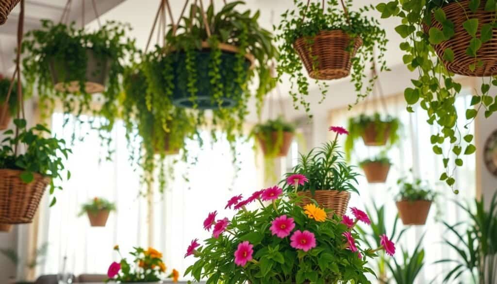 A cozy indoor setting showcasing various hanging baskets and ceiling-mounted planters filled with lush greenery. In the foreground, vibrant flowering plants in elegantly arranged woven baskets create a cheerful focal point. The middle ground features a variety of ceiling-mounted planters with cascading vines and foliage, adding depth and texture. The background reveals soft, blurred hints of a well-lit room bathed in bright natural light, with airy curtains gently swaying. The atmosphere is serene and inviting, reflecting a harmonious blend of nature and modern décor. The scene is captured using a wide-angle lens to emphasize spatial efficiency, with soft sunlight illuminating each plant, enhancing their vivid colors and creating peaceful shadows.