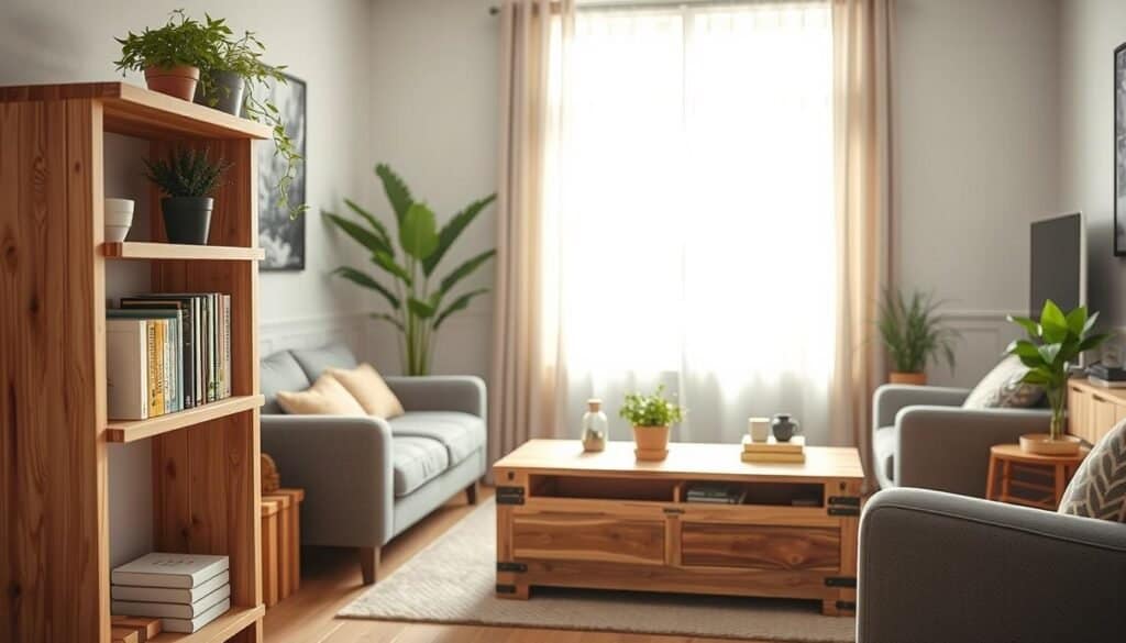 A cozy, modern living room showcasing small space optimization through stylish DIY wooden projects. In the foreground, a handcrafted wooden shelf holds neatly arranged plants and books, demonstrating efficient use of vertical space. The middle section features a rustic wooden coffee table with a hidden storage compartment, surrounded by comfortable yet modest upholstered seating. The background reveals a sunlit window with sheer curtains, enhancing the airy atmosphere. Soft natural sunlight filters into the room, creating a warm, inviting glow. The scene is captured from a slightly elevated angle, emphasizing the layout and functionality of the space. The overall mood is one of creativity and inspiration, ideal for maximizing small living areas with practical yet beautiful woodworking solutions.