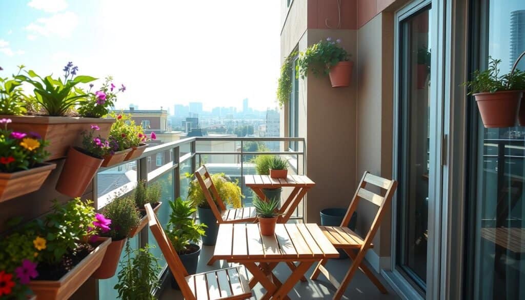 A cozy patio and balcony scene showcasing innovative, space-saving planters. In the foreground, feature vertical planters filled with vibrant flowers and herbs, creatively arranged on a narrow wall. The middle layer showcases a charming table made of reclaimed wood, surrounded by matching folding chairs, adorned with small potted succulents. In the background, a sunlit urban landscape peeks through, with bright blue skies and soft white clouds. The atmosphere is inviting and serene, enhanced by gentle, warm sunlight streaming down. The scene captures a modern aesthetic with sustainable touches, emphasizing functionality and beauty in limited spaces, while ensuring a bright and airy ambiance throughout the image.