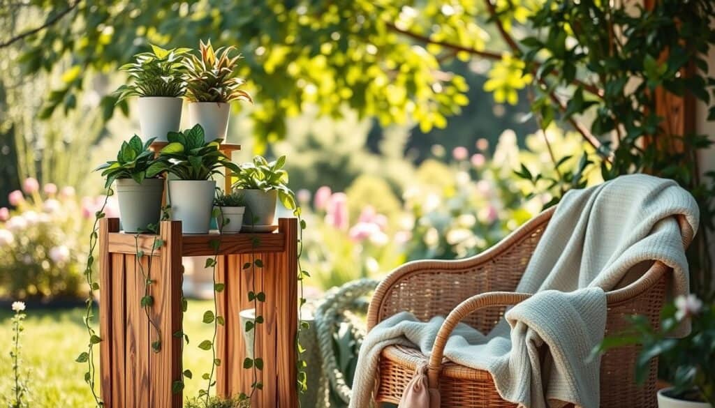 A cozy plant corner in an outdoor setting, featuring a stylish DIY plant stand made from rustic wood, elegantly displaying a variety of lush green plants in assorted ceramic pots. The foreground showcases the intricate details of the wooden stand, with trailing vines cascading down. In the middle ground, a soft blanket is draped across a wicker chair, inviting relaxation. The background is softly blurred, hinting at a sunlit garden with blooming flowers and gentle greenery, bathed in warm, natural light filtering through tree leaves. The atmosphere exudes tranquility and aesthetic appeal, with a serene color palette of greens and browns to enhance the inviting mood.