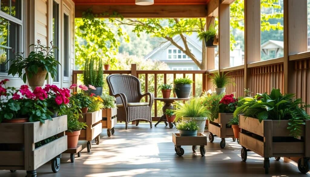 A cozy porch scene featuring various rolling planter caddies, artfully arranged for flexible layouts. In the foreground, showcase rustic wooden caddies on wheels, each with colorful potted plants, such as vibrant geraniums and lush ferns, creating a lush, inviting atmosphere. In the middle ground, include a charming wicker chair and a small side table, bathed in soft natural sunlight filtering through the leaves of overhead greenery. The background reveals a charming wooden railing and a view of a well-maintained garden, further enhancing the serene mood. Use a wide-angle lens to capture the breadth of the space, accentuating the airy, bright ambiance highlighted by warm, inviting tones. The scene should evoke a feeling of tranquility and inspiration for small-space gardening.