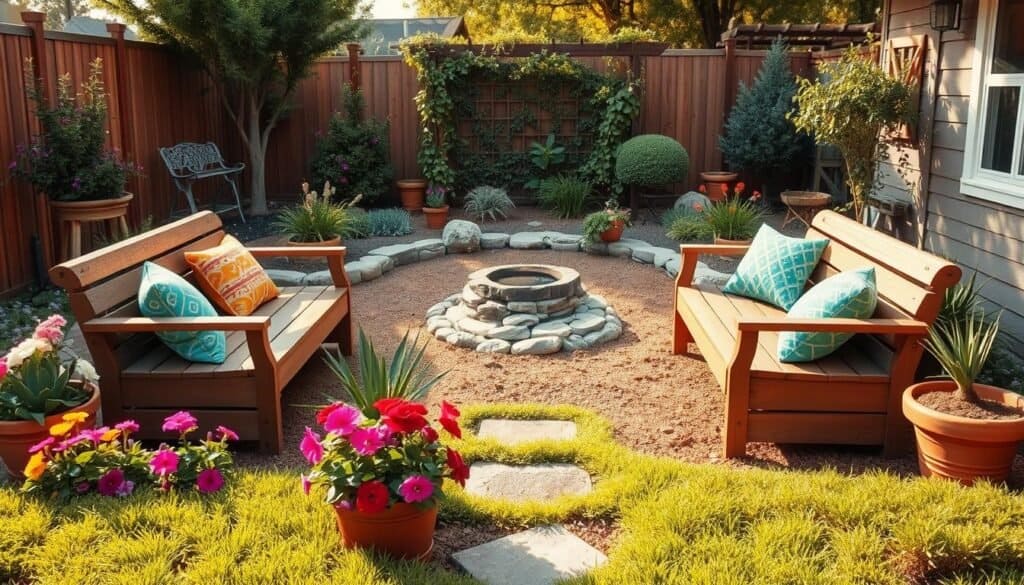 A cozy small backyard landscape featuring a charming seating area with wooden benches and colorful cushions. In the foreground, add vibrant flowers in planters and well-manicured grass, creating a sense of warmth. The middle ground shows a small fire pit surrounded by stones, bordered by low-maintenance shrubs and decorative stones. In the background, include a trellis with climbing vines and a few trees to provide shade. The scene is illuminated by soft, golden sunlight, enhancing the inviting atmosphere. Capture this image from a slightly elevated angle, showcasing the layout of the space while maintaining a clear focus on the details. The overall mood is tranquil and welcoming, perfect for simple, budget-friendly backyard ideas.