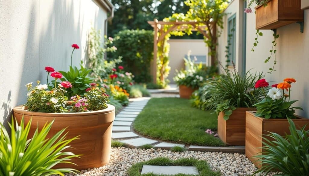 A cozy small garden featuring corner-fitting planters, densely filled with vibrant flowering plants and lush greenery. In the foreground, a pair of handcrafted wooden planters perfectly snug in a garden corner, showcasing curved shapes that elegantly fit the walls. The middle scene displays a carefully organized garden layout with a mix of textures, such as smooth pebbles and soft grass, enhancing the inviting atmosphere. In the background, a charming, narrow pathway leads to a stylish trellis adorned with climbing vines, bathed in bright natural light and soft sunlight filtering through trees. The overall mood is serene and uplifting, ideal for inspiring creativity in tight spaces. The perspective taken is a slightly elevated angle to nicely capture all elements within the frame, emphasizing both the planters and the harmonious garden setting.