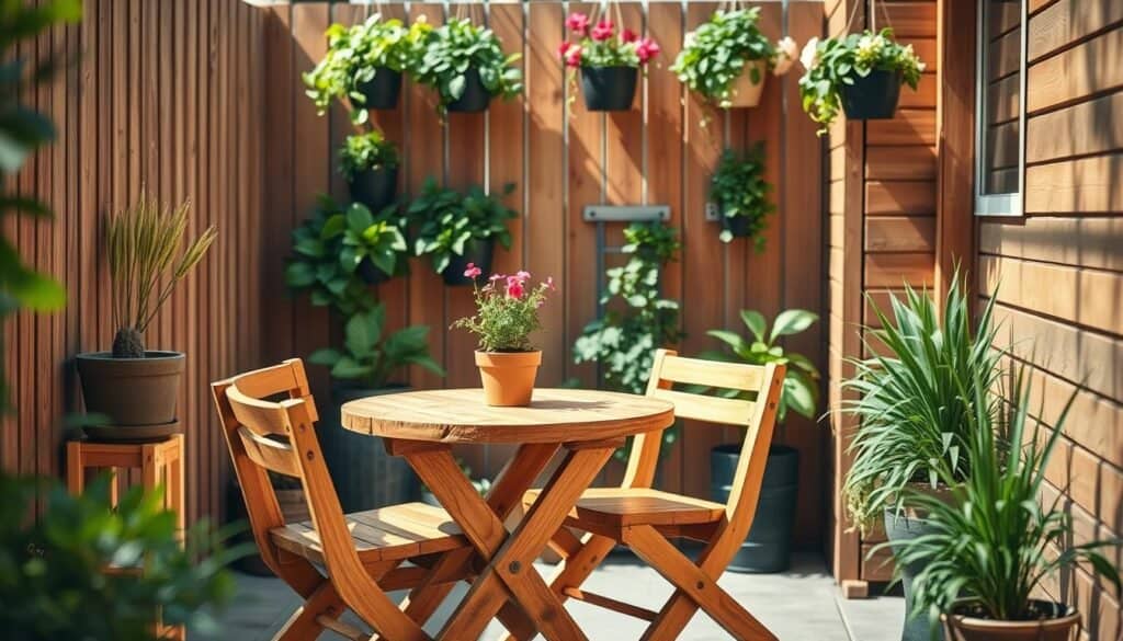 A cozy small patio featuring functional wood furniture and planter combinations, crafted from warm-toned natural wood. In the foreground, a compact dining set with a round table and two chairs made from reclaimed wood, accented by a potted herb planter on the table. The middle ground reveals vertical planters filled with lush green plants and colorful flowers, enhancing the space's vibrancy. The background features a textured wooden fence that adds privacy and warmth, adorned with hanging planters. Bright natural light filters through the greenery, casting soft shadows, creating an airy and welcoming atmosphere. The lens captures the scene from a slightly elevated angle, emphasizing depth and space.
