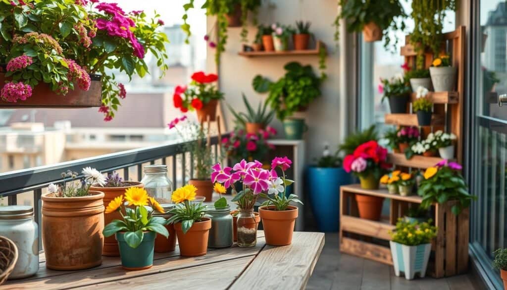 A cozy urban balcony filled with creative flower potting ideas, featuring vertical gardens, hanging pots, and repurposed wooden crates overflowing with colorful blooming flowers and lush greens. In the foreground, a wooden table holds an assortment of terracotta pots, painted jars, and rustic containers, each displaying unique plant arrangements. The middle ground showcases the vibrant flora cascading from shelves and walls, while the background reveals a cityscape, softly blurred to maintain focus on the garden. Bathed in bright, natural light, the scene conveys a cheerful and inviting atmosphere. Capture the image from a slight angle, emphasizing the depth and organization of the small gardening space, while the soft sunlight accentuates the colors and textures of the plants.