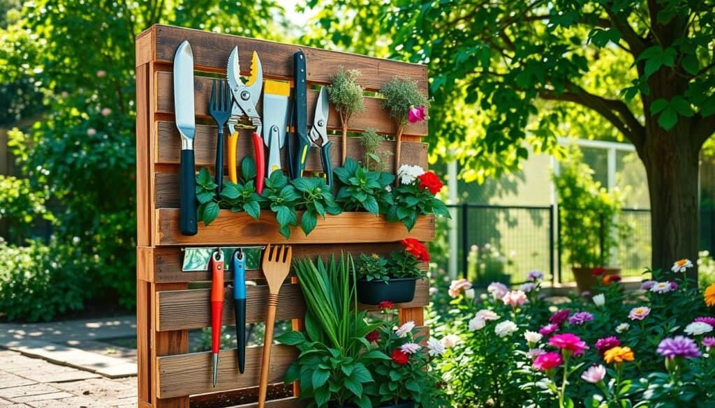 A creative garden tool storage solution featuring reclaimed wood pallets, artistically arranged as a vertical rack in a vibrant garden setting. In the foreground, a rustic pallet displays various gardening tools such as a trowel, pruning shears, and gloves. The middle layer showcases lush green plants and colorful flowers surrounding the rack, enhancing the garden's liveliness. In the background, a soft sunlight filters through the leaves of nearby trees, casting warm, inviting shadows. The photograph captures a bright, airy atmosphere with a focus on natural textures and colors. The angle is slightly raised to emphasize the organization and functionality of the pallet storage, inviting viewers to envision their own DIY gardening projects.