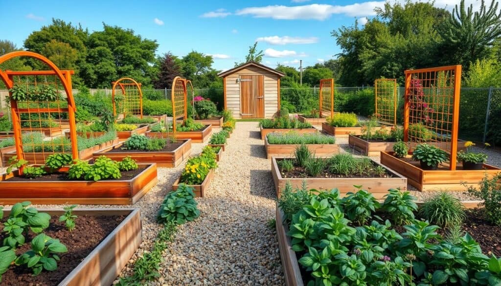 A detailed allotment garden layout featuring individual plots, each with a variety of vegetables, herbs, and flowers. In the foreground, showcase raised garden beds with colorful trellises and neatly arranged rows of plants. The middle ground includes pathways made of gravel and bordered by aromatic herbs like basil and rosemary. In the background, a rustic wooden shed stands against a backdrop of vibrant greenery and a blue sky, with soft natural light bathing the scene. Capture this from a slightly elevated angle to display the organization and accessibility of the layout. The atmosphere should feel inviting and productive, embodying the spirit of beginner-friendly gardening while conveying a sense of community.