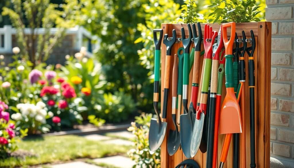 A freestanding garden tool storage rack made of natural wood, showcasing an organized arrangement of various gardening tools like shovels, rakes, and pruners, neatly hung on hooks. The foreground highlights the rich texture of the wood with a polished finish, while the middle features the tools in vibrant colors that contrast beautifully against the wooden rack. In the background, a well-tended garden is visible, with flowering plants and lush greenery basking in bright, soft sunlight, giving the scene an airy feel. The composition is captured from a slightly elevated angle to emphasize depth and organization, creating a cheerful and inviting atmosphere that inspires creativity in yard maintenance.