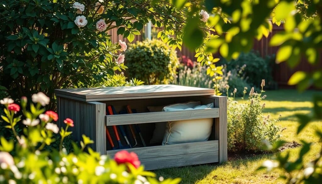 A hidden outdoor storage box nestled in a lush garden, designed to blend seamlessly with the natural surroundings. In the foreground, the box is made of weathered wood, featuring a sliding top that opens to reveal well-organized compartments for garden tools and cushions. The middle ground shows vibrant greenery and blooming flowers, framing the storage box. The background includes a soft-focus view of a sunny backyard, with gentle rays of sunlight filtering through leaves, creating a warm, inviting atmosphere. The scene is captured from a slightly elevated angle, highlighting the practical yet aesthetic design. The image conveys a mood of tranquility and clutter-free organization, perfect for a serene outdoor space.