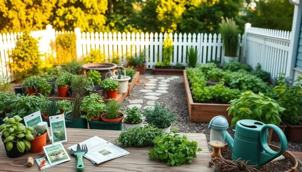 A lush and vibrant beginner's herb garden nestled in a sunny backyard setting, featuring neatly arranged pots of basil, rosemary, parsley, and mint in various shades of green. In the foreground, a wooden garden table holds gardening tools, seed packets, and a watering can, evoking a sense of productivity and care. The middle ground showcases raised garden beds filled with thriving herbs, surrounded by decorative stone pathways for easy access. In the background, a white picket fence borders the garden, softly illuminated by the warm, golden light of late afternoon. The scene captures a tranquil and inviting atmosphere, with gentle breezes rustling the herbs, inviting viewers to imagine their own gardening ventures. The composition is shot at eye level, providing an intimate perspective on this beginner-friendly gardening oasis.