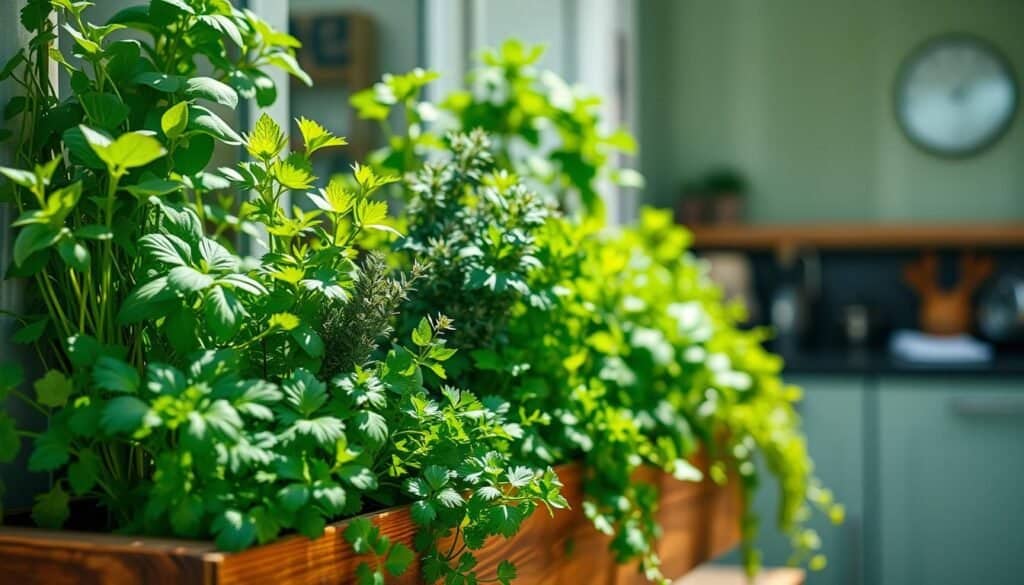 A lush vertical herb garden bursting with vibrant greenery, showcasing essential herbs like basil, parsley, thyme, and cilantro. The foreground features a wooden window box brimming with these herbs, each variety carefully arranged for visual appeal. In the middle ground, the sunlight filters through the leaves, creating a warm, inviting atmosphere. The background reveals a softly blurred kitchen space, hinting at a cozy home environment. The soft natural light highlights the textures of the herbs, enhancing their freshness and vitality. The angle is slightly elevated, providing a clear view of the herb varieties while capturing the essence of a simple yet effective window box setup. The overall mood is cheerful and invigorating, perfect for an engaging garden scene.