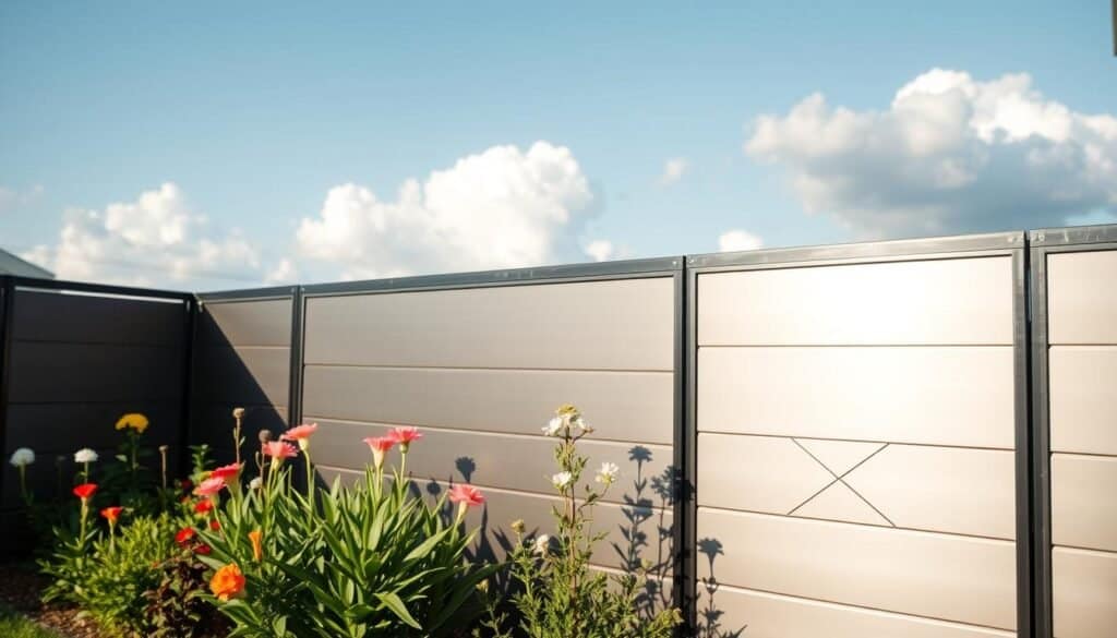 A minimalist outdoor privacy fence made of sleek metal panels, elegantly designed with clean lines and geometric patterns. In the foreground, the fence showcases smooth metal surfaces reflecting soft sunlight, highlighting the craftsmanship. The middle ground features a well-kept garden with vibrant green plants and colorful flowers, providing a serene contrast to the modern fence. In the background, a clear blue sky and gentle, fluffy clouds create an airy atmosphere. The scene is bathed in bright, natural light, enhancing the overall tranquility and sophistication of the space. The angle is slightly elevated, capturing a harmonious view of the fence integrated into a peaceful backyard setting, inviting a sense of privacy and elegance.