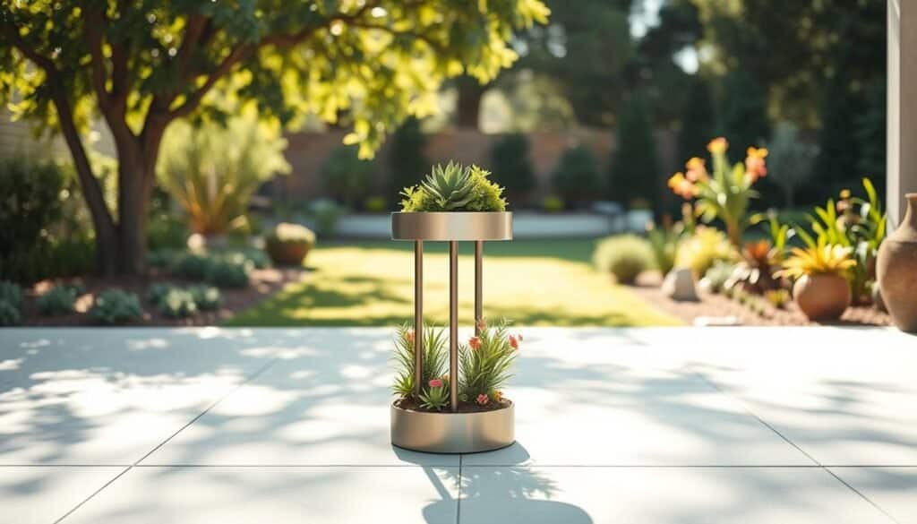 A modern metal pedestal plant stand featuring sleek, clean lines and a minimalist design, placed centrally in the foreground. The stand showcases an array of lush green plants, including small succulents and vibrant flowering species, creating a fresh, inviting atmosphere. Surrounding the stand, a smooth, light-colored patio surface enhances the contemporary feel. In the middle ground, soft sunlight filters through nearby trees, casting gentle shadows and illuminating the space, giving it an airy ambiance. The background features a well-maintained garden with subtle hints of more plants and decorative stones, suggesting a serene outdoor setting. Use a wide-angle lens to capture the entire scene with bright, natural light that highlights the textures and colors of the plants and the stand. Aim for a peaceful, uplifting mood that embodies the beauty of modern outdoor décor.