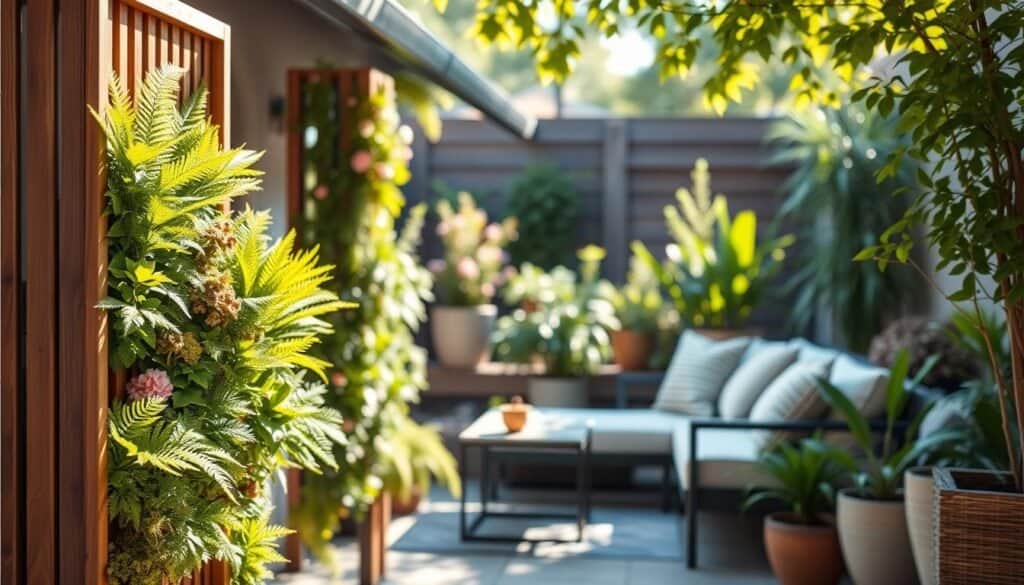 A modern, stylish privacy screen planter designed for a quaint, secluded patio. In the foreground, showcase a vibrant vertical planter filled with lush greenery, including ferns and flowering plants, featuring a sleek wooden frame. The middle ground presents a cozy sitting area with a comfortable outdoor sofa adorned with soft cushions, all under gentle, dappled sunlight filtering through the leaves. The background reveals a serene garden setting, with soft blurred details of other planters and trees creating depth. Capture the scene with a warm, inviting atmosphere, using natural lighting that emphasizes the vivid colors of the plants. Utilize a slightly elevated angle to highlight the privacy screen's functionality while creating an airy, spacious feeling in the composition.