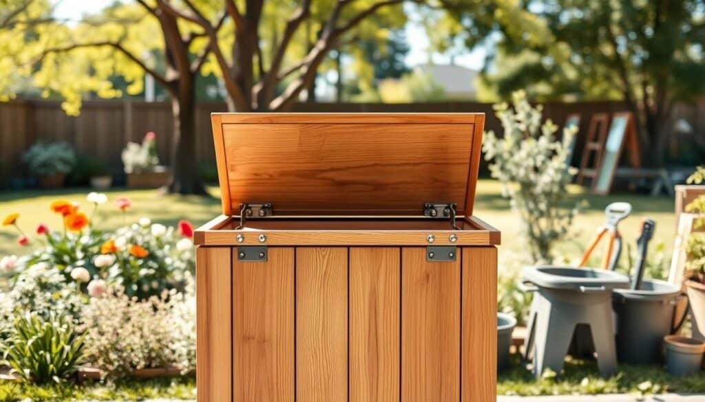 A modern wooden trash bin cover designed for a stylish backyard setting. The foreground features a sleek, sturdy wooden cover with a smooth finish, highlighting the fine grain of the wood, accented by polished metal hinges. In the middle ground, a spacious garden with colorful flowers and neatly arranged tools adds context, showcasing an inviting DIY environment. In the background, sun-dappled trees gently sway, enhancing the natural ambiance. The scene is bathed in bright, soft sunlight, creating a warm, airy atmosphere. Use a wide-angle lens to capture the entire setup, emphasizing the modern design of the trash bin cover while incorporating efficient use of space in the backyard.