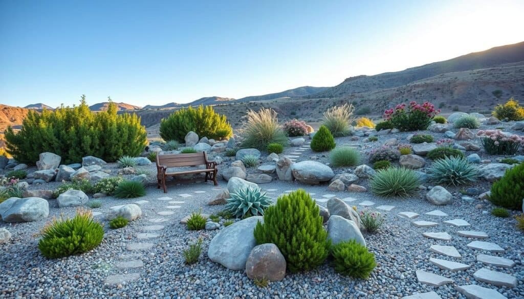 A picturesque rock garden designed for easy maintenance, featuring a variety of smooth, colorful stones arranged artistically among lush green succulents and drought-resistant plants. In the foreground, a winding gravel pathway leads to a small wooden bench, inviting relaxation. The middle ground showcases clusters of ornamental grasses and flowering low shrubs, adding texture and color. The background features gentle rolling hills under a clear blue sky, with soft, warm sunlight filtering through, creating an inviting and tranquil atmosphere. The scene captures the essence of nature’s beauty, emphasizing simplicity and calm. The composition is shot from a slight elevation, allowing for a broad view of the garden layout, highlighting its thoughtful design and naturalistic arrangement.