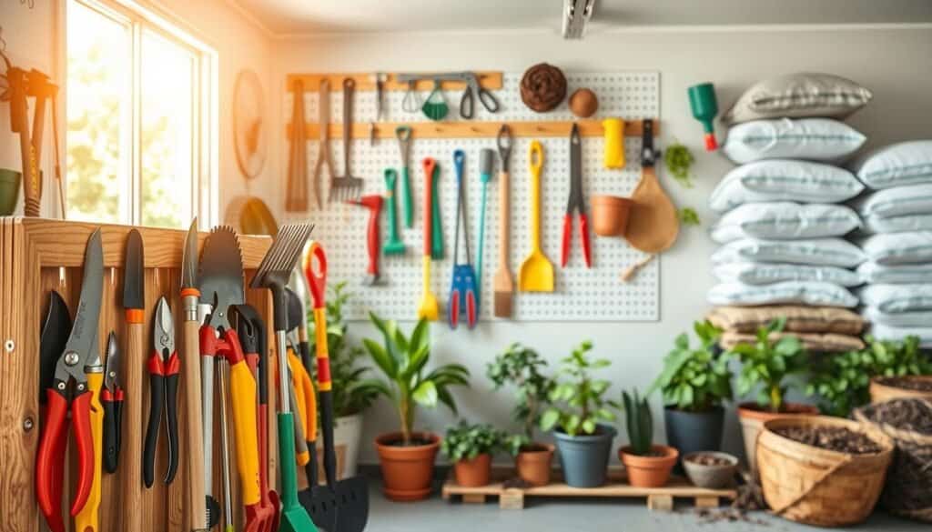 A realistic garage interior featuring an organized garden tool storage area. In the foreground, a wooden tool rack is neatly arranged with various hand tools like pruning shears, rakes, and a trowel, all in vibrant colors. The middle ground shows a pegboard with additional tools and accessories hanging above, illuminated by bright, soft natural light streaming through a window. In the background, potted plants and a neatly stacked pile of soil bags create a harmonious gardening atmosphere. The scene conveys a tidy, efficient space that suggests DIY organization. The lighting highlights the tools' textures, casting gentle shadows, enhancing the sense of depth and creating a cheerful, inviting mood.