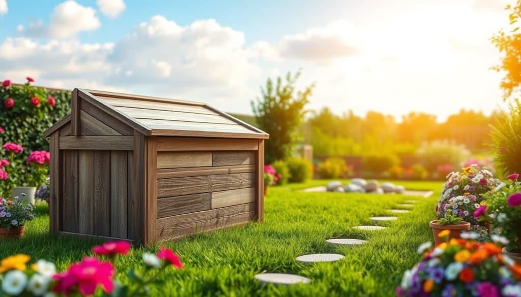 A realistic small garden storage box made of weathered wood, featuring a rustic design with a sloped lid. The box is placed on a lush green lawn surrounded by blooming flowers and small potted plants, creating a vivid and colorful foreground. In the middle ground, the garden has neatly arranged decorative stones and a small path leading to the storage box, enhancing the organization of the space. The background showcases a clear blue sky with soft, fluffy clouds and the warm glow of soft sunlight, creating an inviting and serene atmosphere. The photo is taken from a slightly elevated angle to include the surrounding garden elements, capturing the tranquility of a well-kept outdoor space. The overall mood is bright, airy, and cheerful, perfect for inspiring outdoor storage ideas.