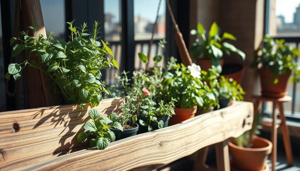 A rustic wooden plant holder prominently displayed in a cozy urban garden setting. The holder is crafted from reclaimed wood, featuring rich textures and natural imperfections that highlight its handmade charm. It holds a diverse array of lush, green plants, creating a vibrant contrast against the organic material. In the foreground, soft sunlight casts gentle shadows, enhancing the details of the wood grain. In the middle, small potted herbs and flowering plants spill color and life from the holder, while in the background, a small balcony with urban views hints at a serene escape. The atmosphere is warm and inviting, embodying a sense of tranquility amidst city life. The scene is captured from a slightly elevated angle, emphasizing depth and space, with a focus on natural lighting to create a bright, airy feel.