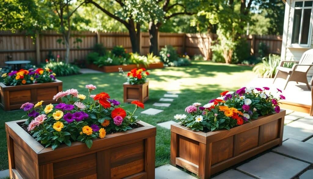 A serene backyard setting showcasing classic rectangular planter box designs crafted from rich, weathered wood. In the foreground, several intricately designed planter boxes filled with vibrant flowers in various stages of bloom, showcasing colorful petunias, marigolds, and daisies. The middle ground features a lush green lawn and stone pathways connecting to the planters, while in the background, soft sunlight filters through leafy trees, creating a dappled light effect. The scene captures the essence of a cozy gardening nook, evoking feelings of tranquility and inspiration. The photograph is taken from a slightly elevated, wide-angle perspective, highlighting the beauty of the planters against the idyllic backyard landscape, all under bright, natural lighting to enhance the vibrant colors and textures.