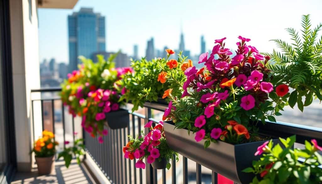 A serene balcony scene showcasing vibrant railing planters filled with an array of colorful flowers and lush green foliage. In the foreground, the planters are sleek and modern, crafted from weather-resistant materials, overflowing with petunias, geraniums, and ferns, creating a vibrant patchwork of colors. The middle ground features a sturdy metal railing adorned with the planters, elegantly arranged to maximize space. In the background, a soft, blurred view of a city skyline under a bright blue sky accentuates the elevated greenery. The soft sunlight bathes the scene, casting gentle shadows and adding warmth to the overall atmosphere. Captured with a wide-angle lens to emphasize depth, the image evokes a feeling of tranquility and urban coziness, perfect for small spaces.