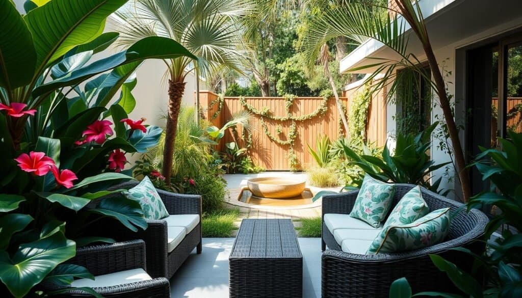 A serene modern tropical garden in a small backyard, featuring vibrant tropical plants such as monstera, hibiscus, and palm trees. In the foreground, a comfortable outdoor seating area with stylish wicker furniture, adorned with soft cushions in tropical patterns. The middle ground showcases a wooden deck path leading to a small, tranquil water feature surrounded by lush greenery. In the background, a sunlit fence covered with climbing vines adds depth. The scene is bathed in bright, natural sunlight, with soft shadows enhancing the textures of the foliage. The atmosphere is peaceful and inviting, perfect for relaxation and enjoying nature. Capture the image from a slightly elevated angle to emphasize the garden's layout and lush details.