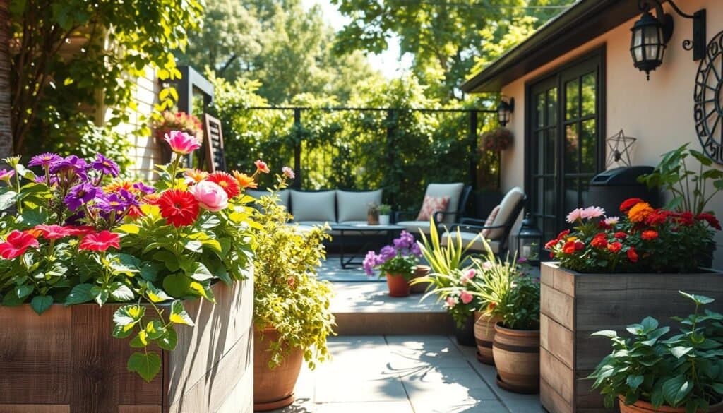 A serene outdoor patio featuring large planters filled with vibrant flowers and lush greenery, creating an inviting oasis in a small space. In the foreground, there are rustic wooden planters with various plants spilling over the edges, showcasing a variety of colors and textures. The middle ground captures a cozy seating area with stylish, budget-friendly outdoor furniture, arranged to encourage relaxation and conversation. In the background, soft, sunlit foliage provides a natural backdrop, enhancing the feeling of expansiveness. The scene is illuminated by bright, natural light with soft sunlight casting gentle shadows, adding warmth and vibrancy. The atmosphere is peaceful and rejuvenating, perfect for enjoying outdoor living.