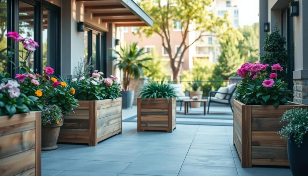 A serene outdoor patio showcasing several elegant wooden planters that enhance a small space, filled with vibrant, blooming flowers and lush greenery. In the foreground, the planters are crafted from natural wood, their textures highlighted by soft natural sunlight. The middle ground features a cozy, minimal seating area with stylish outdoor furniture, inviting relaxation. To the background, subtle hints of urban life can be seen, such as nearby buildings and trees, ensuring a balanced composition. The overall atmosphere is bright and airy, reflecting tranquility and connection to nature. The image captures an inviting scene that emphasizes how wooden planters can visually expand the space, providing a refreshing escape.