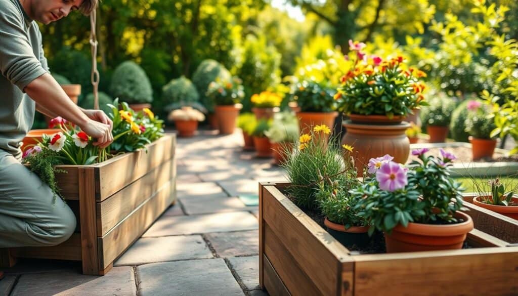 A serene outdoor scene depicting seasonal maintenance for wooden planters in a small garden space. In the foreground, a well-maintained wooden planter box filled with lush greenery and colorful seasonal flowers, showing hints of spring or summer blooms. A person in modest casual clothing is kneeling beside the planter, gently tending to the plants and removing weeds. The middle ground reveals additional pots and planters arranged artfully on a rustic patio, each showcasing a vibrant assortment of plants. The background features a softly focused garden with various shades of green and hints of blooming shrubs, under bright natural light and soft sunlight filtering through trees. The atmosphere is tranquil and inviting, embodying a sense of nurturing and care for the natural environment. The angle captures both the details of the planter and the broader garden space, emphasizing the theme of space and greenery.