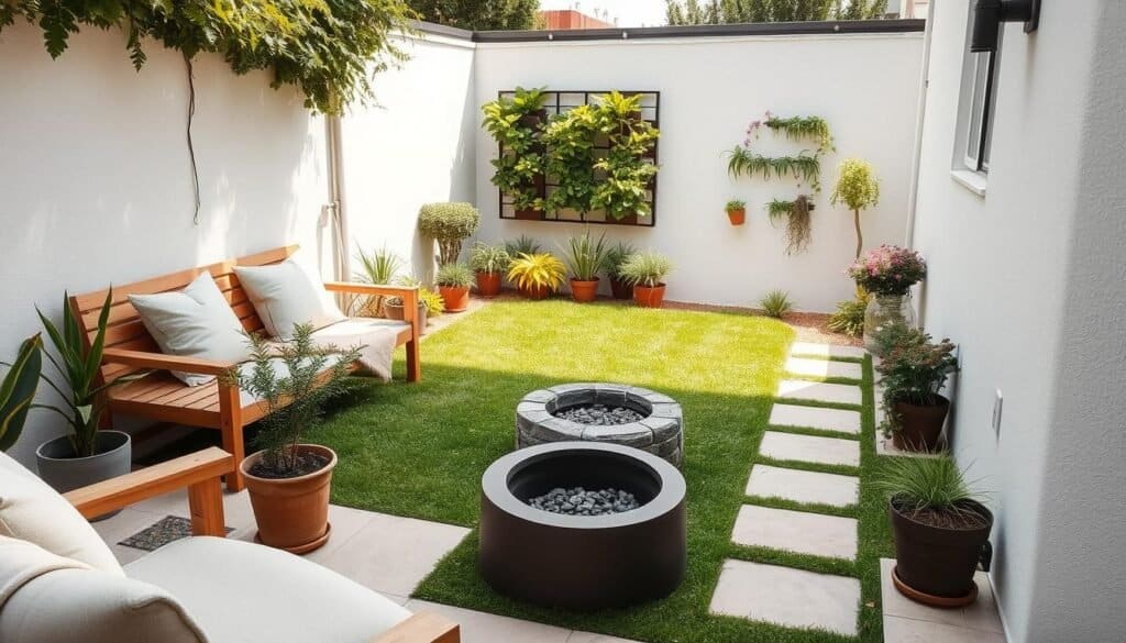 A serene small backyard showcasing clean and modern design elements. In the foreground, a cozy seating area with a minimalist wooden bench adorned with soft, neutral cushions, surrounded by potted plants for a touch of greenery. The middle ground features a compact, well-manicured lawn and a stone pathway leading to a small fire pit, inviting relaxation and social gatherings. In the background, a low-maintenance vertical garden with a variety of herbs and flowers adds color and vibrancy. Bright, natural light filters through soft sunlight, creating a warm and airy atmosphere. The scene is captured from a slightly elevated angle to emphasize space and cleanliness, evoking a sense of comfort and easy upkeep in this lovely outdoor retreat.