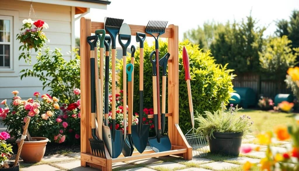 A simple and effective garden tool rack, expertly crafted from natural wood, displayed in a bright, airy backyard setting. The rack is filled with various garden tools, such as rakes, shovels, and pruners, organized neatly in an appealing manner. The foreground features the rack prominently, showcasing its sturdy design and the texture of the wood, while in the middle ground, flowering plants and green shrubs add vibrant color. The background includes a sunny sky with soft, diffused sunlight creating a warm, inviting atmosphere. Capture this scene with a slightly elevated angle to highlight both the rack and the lush garden, evoking feelings of satisfaction and homey organization.