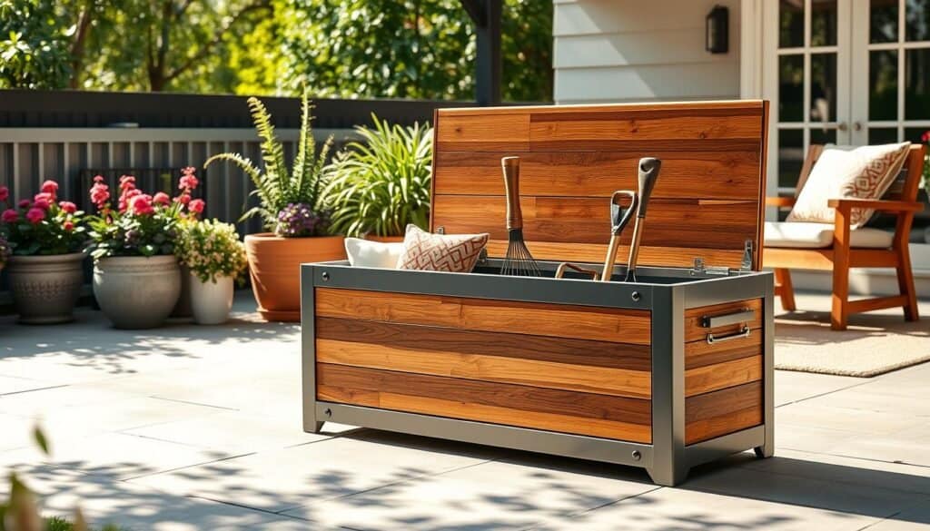 A sleek, modern outdoor utility box designed for storing garden tools and cushions, situated on a charming patio. The box features a clean, minimalist design with smooth lines and a warm wood finish, complemented by durable metal accents. It sits near vibrant potted plants and a cozy outdoor seating area in the background, under bright natural light. Soft sunlight filters through the trees, casting gentle shadows, enhancing the inviting atmosphere. Capture this scene from a slightly elevated angle to showcase the utility box's functionality and aesthetic appeal, with a focus on its practical design elements. The overall mood should be refreshing and tranquil, embodying a harmonious blend of style and utility.