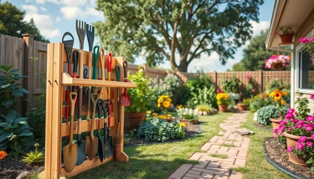 A vibrant backyard scene showcasing a DIY garden tool rack, crafted from natural wood, prominently displayed in the foreground. The rack is filled with various garden tools, such as shovels, rakes, and pruners, organized neatly. In the middle ground, lush green plants and colorful flowers enhance the garden's charm, while a path made of bricks leads to the rack, creating a sense of depth. The background features a sunny sky with soft, diffused sunlight illuminating the scene, casting gentle shadows. The atmosphere is inviting and serene, embodying the joy of gardening. Capture this with a wide-angle lens to accentuate the rack and surrounding greenery, ensuring a well-composed and airy image.