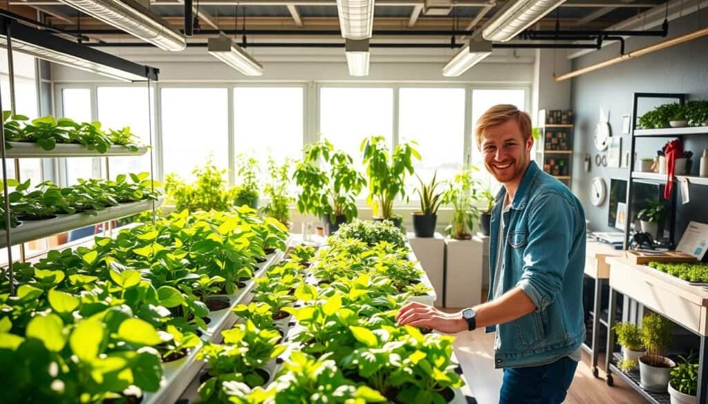 A vibrant home hydroponics setup as the focal point, featuring lush green plants thriving in a high-tech, spacious indoor garden. In the foreground, a cheerful beginner in casual attire is carefully tending to the plants, surrounded by various hydroponic systems like vertical planters and nutrient reservoirs. The middle ground showcases a beautifully organized work area with gardening tools and instructional materials neatly arranged. In the background, large windows allow bright natural light to flood the space, enhancing the feeling of openness and freshness. Soft sunlight filters through, creating a warm and inviting atmosphere that encourages exploration and learning about hydroponics. The overall mood is friendly and approachable, designed to inspire beginners to embrace the world of home gardening.