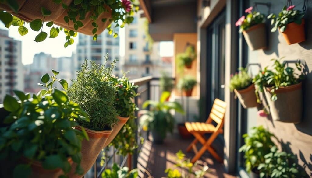 A vibrant urban garden scene featuring wall-mounted pocket planters filled with a variety of herbs and flowers. In the foreground, lush greenery emerges from beautifully arranged fabric pockets, showcasing plants like basil, mint, and succulents. The middle ground offers a cozy balcony or small terrace adorned with additional planters, with warm, inviting wooden furniture. In the background, urban apartment buildings are partially visible, bathed in soft, natural sunlight that emphasizes the freshness of the plants. The image captures a serene yet lively atmosphere, evoking a sense of innovation in tight spaces. Shot in bright daylight with a focus on colors and textures, using a shallow depth of field to create a soft bokeh effect, highlighting the beauty of urban gardening.