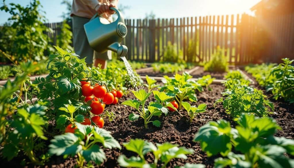 A vibrant vegetable garden thriving under soft sunlight, showcasing a variety of healthy vegetables like tomatoes, carrots, and leafy greens. In the foreground, a gardener in modest casual clothing uses a watering can to gently water the plants, demonstrating proper watering techniques. The middle ground features neatly arranged vegetable beds with rich, dark soil and lush green foliage. The background reveals a rustic wooden fence and a clear blue sky, creating a serene and inviting atmosphere. Bright, natural light filters through, highlighting the textures of the leaves and soil, enhancing the sense of growth and nurturing care in this outdoor gardening environment.
