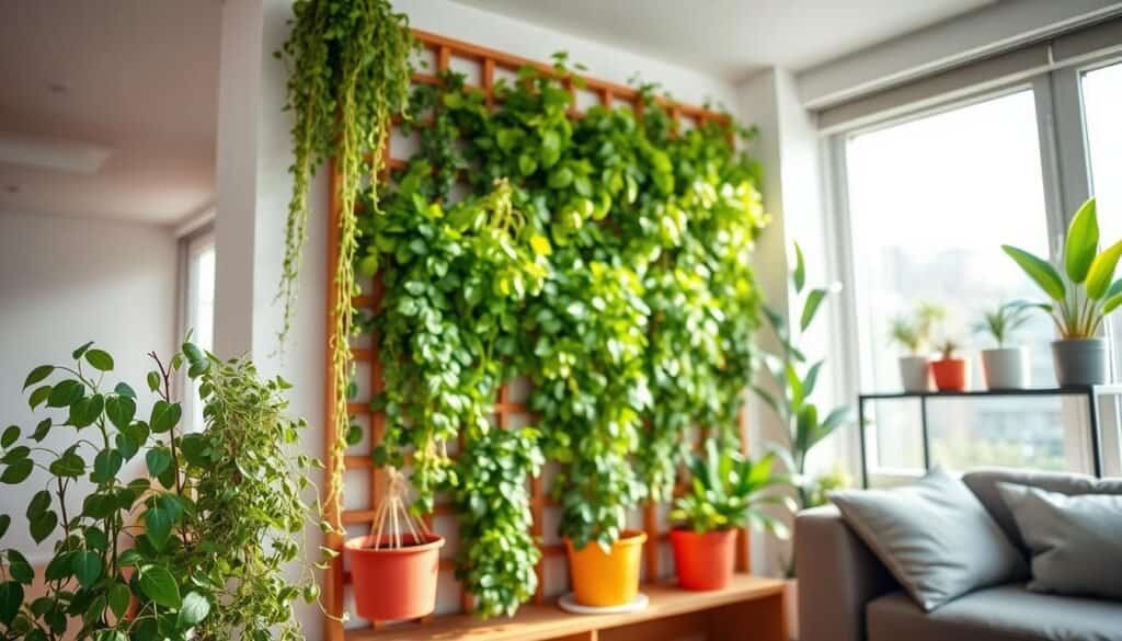 A vibrant vertical garden displayed in a modern living space, showcasing various plants arranged along a sleek wooden trellis. In the foreground, colorful herbs and trailing vines cascade down, with a few brightly colored pots adding pops of color. In the middle, the vertical structure is filled with lush greenery, creating a lively contrast against the light wall. In the background, soft sunlight filters through large windows, illuminating the space, while houseplants on a stylish shelf enhance the atmosphere of tranquility. The overall mood is fresh, inviting, and inspiring, suggesting maximum impact in a compact setting. Use a wide-angle lens to capture both the detail of the vertical garden and the breadth of the room.