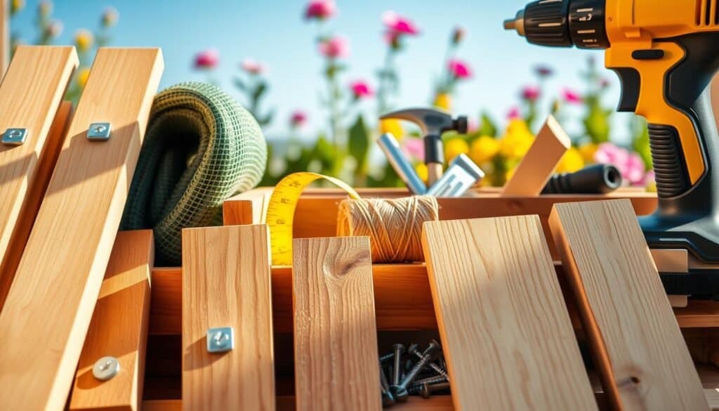 A well-organized arrangement of essential materials for building durable wooden planter boxes, featuring smooth, untreated wooden planks, galvanized screws, metal corner brackets, and a sturdy electric drill. In the foreground, place several wooden boards with varying lengths, showing their natural grain and texture, next to a roll of landscape fabric and a spool of outdoor-rated twine, all illuminated by soft, warm sunlight. In the middle ground, include a neatly arranged toolbox containing measuring tape, a saw, and a hammer. In the background, a blurred garden setting subtly suggests vibrant flower beds under a clear blue sky, creating a cheerful and inviting atmosphere. The image should have bright, natural light enhancing the rustic charm of the materials, captured using a slightly elevated angle for an engaging perspective.