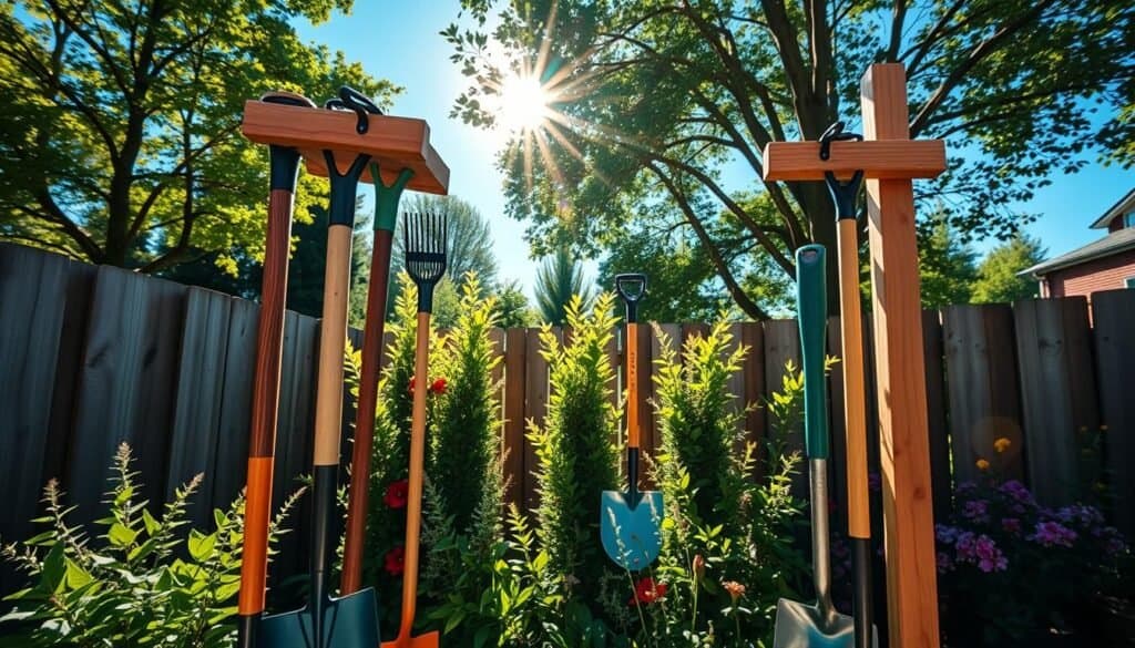 A well-organized backyard featuring a vertical hanging system for garden tools, specifically rakes and shovels. In the foreground, display sturdy wooden racks mounted on a fence, showcasing several neatly hung tools with colorful handles. The middle ground includes lush green plants and vibrant flowers, enhancing the garden's appeal. In the background, a sun-drenched blue sky filters through leafy trees, adding a touch of natural beauty. The scene is bathed in bright, soft natural light, creating an airy and inviting atmosphere. Use a wide-angle lens to capture the arrangement and depth, emphasizing both the functionality and creative aspects of the tool storage. The overall mood should be inspiring and organized, radiating a sense of productive gardening.